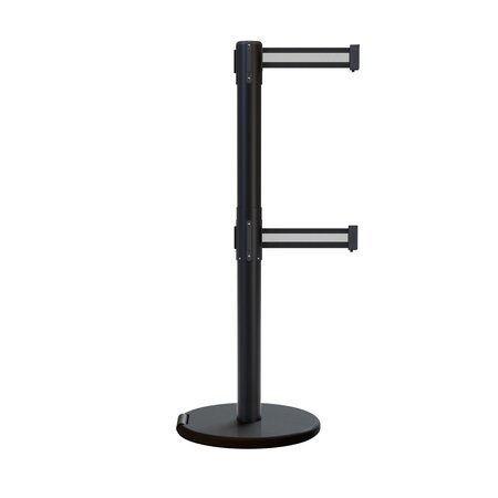 MONTOUR LINE Retractable Belt Dbl Roller Stanchion, 2.5ft Black Post  11ft. Bk/W Hs ME630D-BK-BWH-110